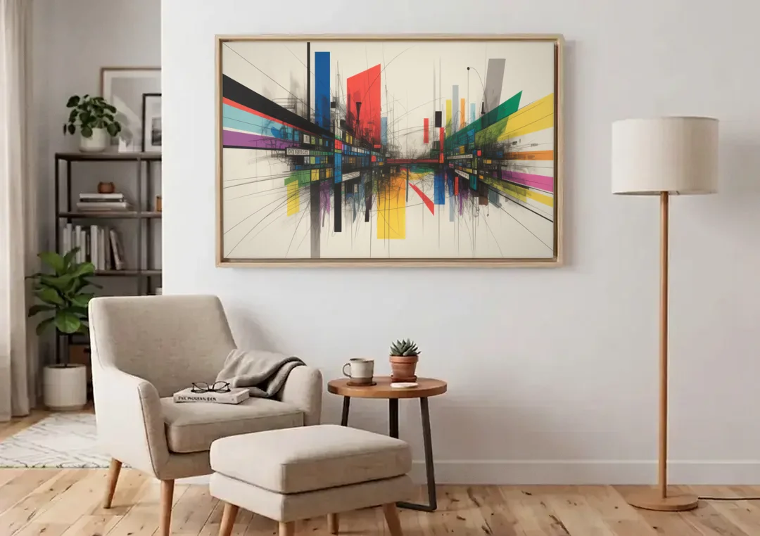 Urban Symphony Colorful Abstract canvas wall art above an armchair in a bright living room
