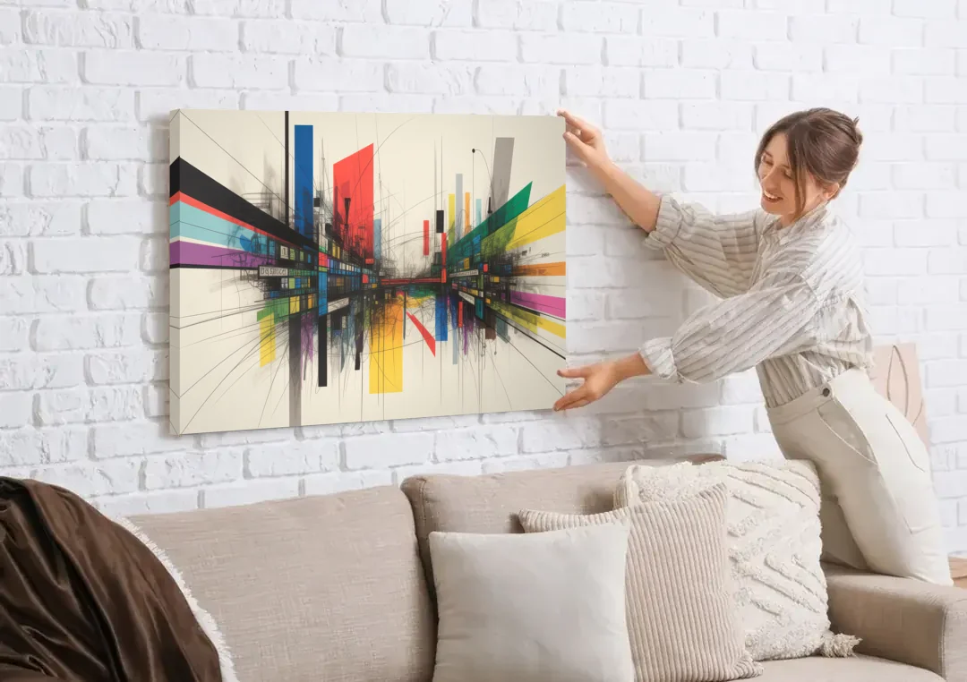Urban Symphony Colorful Abstract canvas wall art being hung on a white brick wall above a sofa