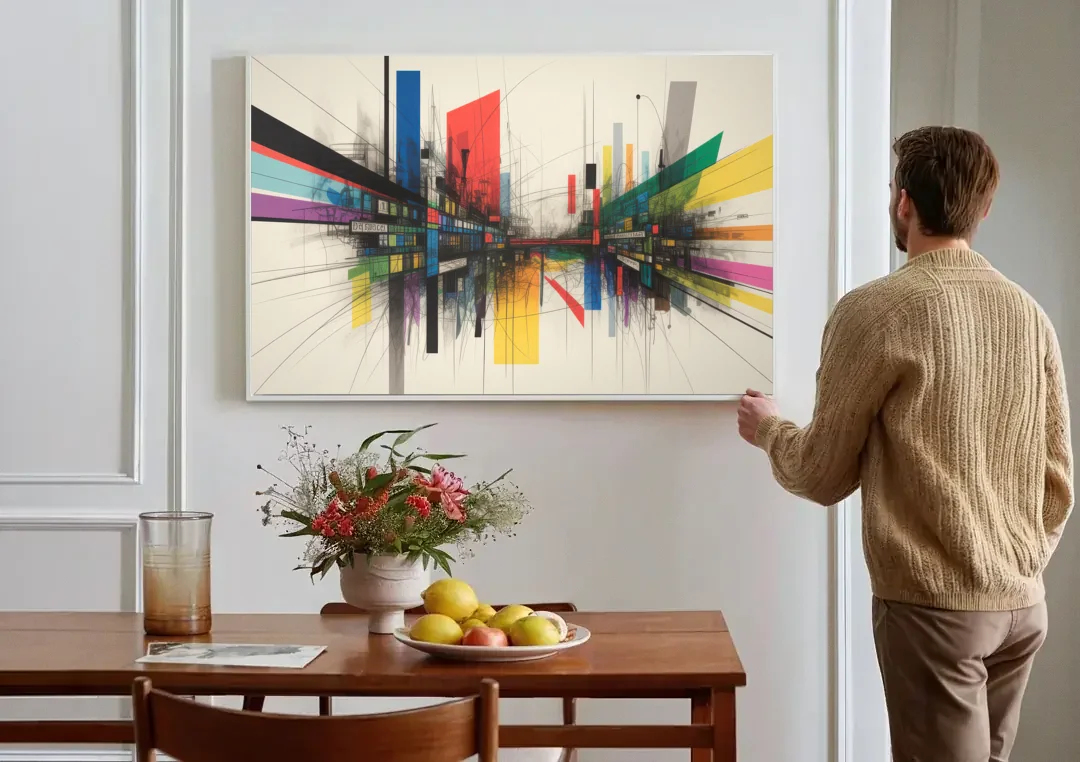Urban Symphony Colorful Abstract canvas wall art above a dining table