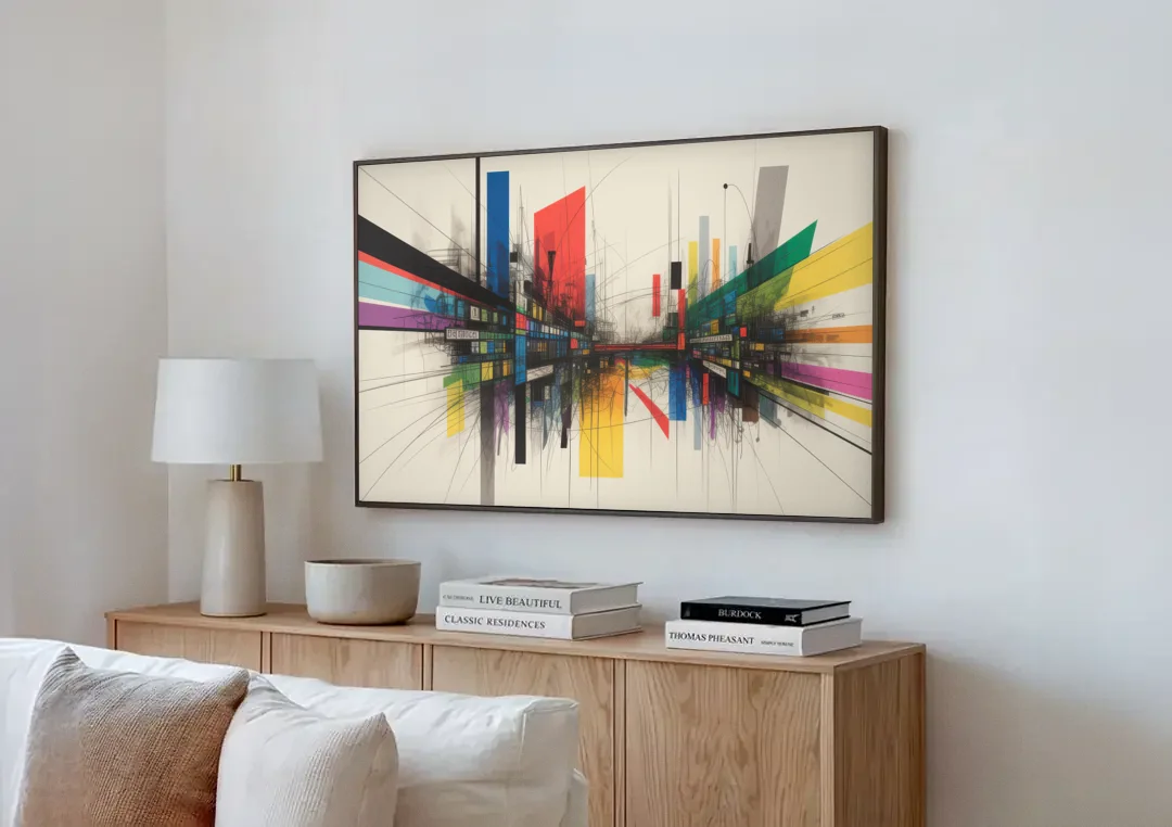 Urban Symphony Colorful Abstract canvas wall art above a wooden sideboard next to a sofa