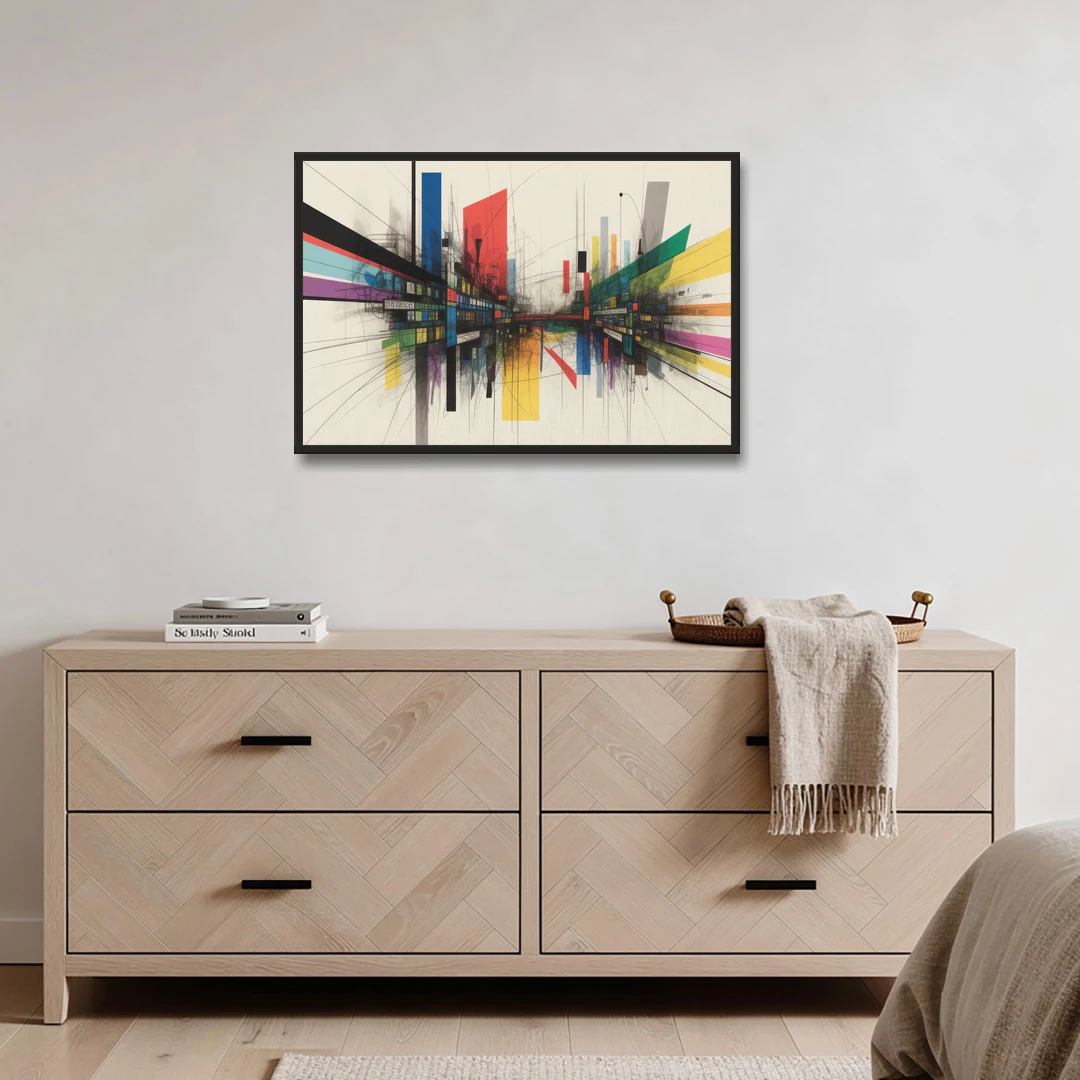 Urban Symphony Colorful Abstract - Black Framed Canvas Wall Art - Coffee Table - 36x24