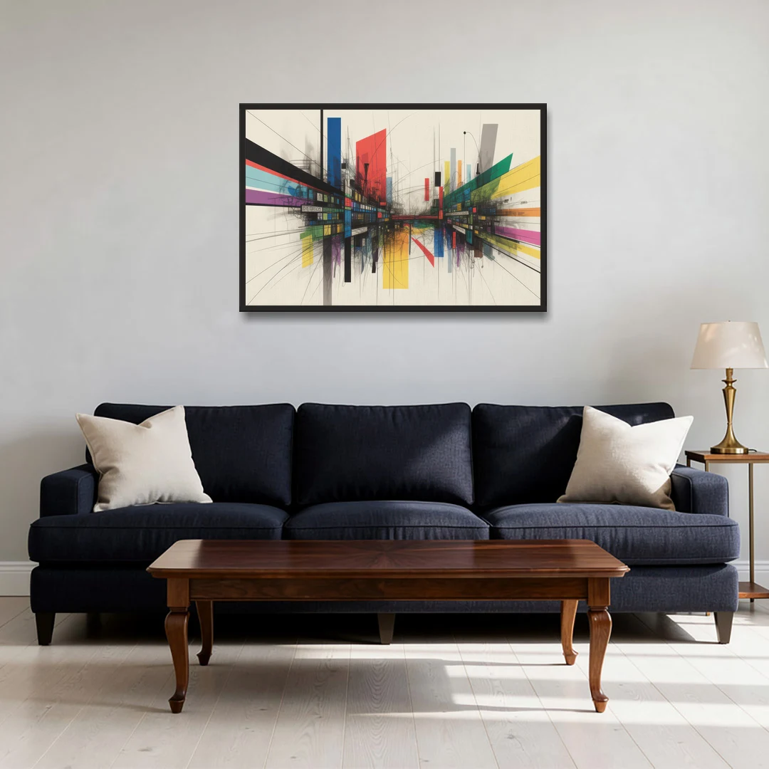 Urban Symphony Colorful Abstract - Black Framed Canvas Wall Art - Sofa - 36x24