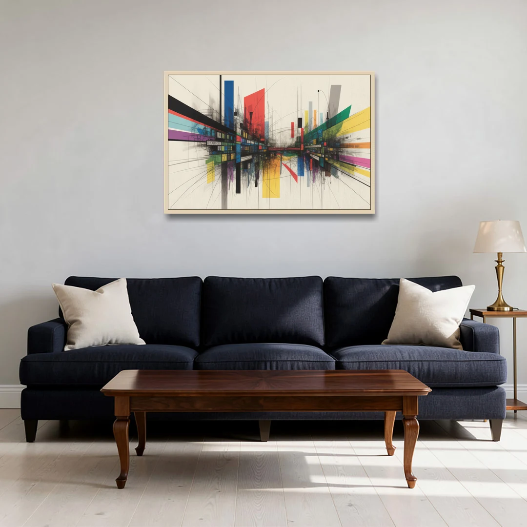 Urban Symphony Colorful Abstract - Oak Framed Canvas Wall Art - Sofa - 36x24