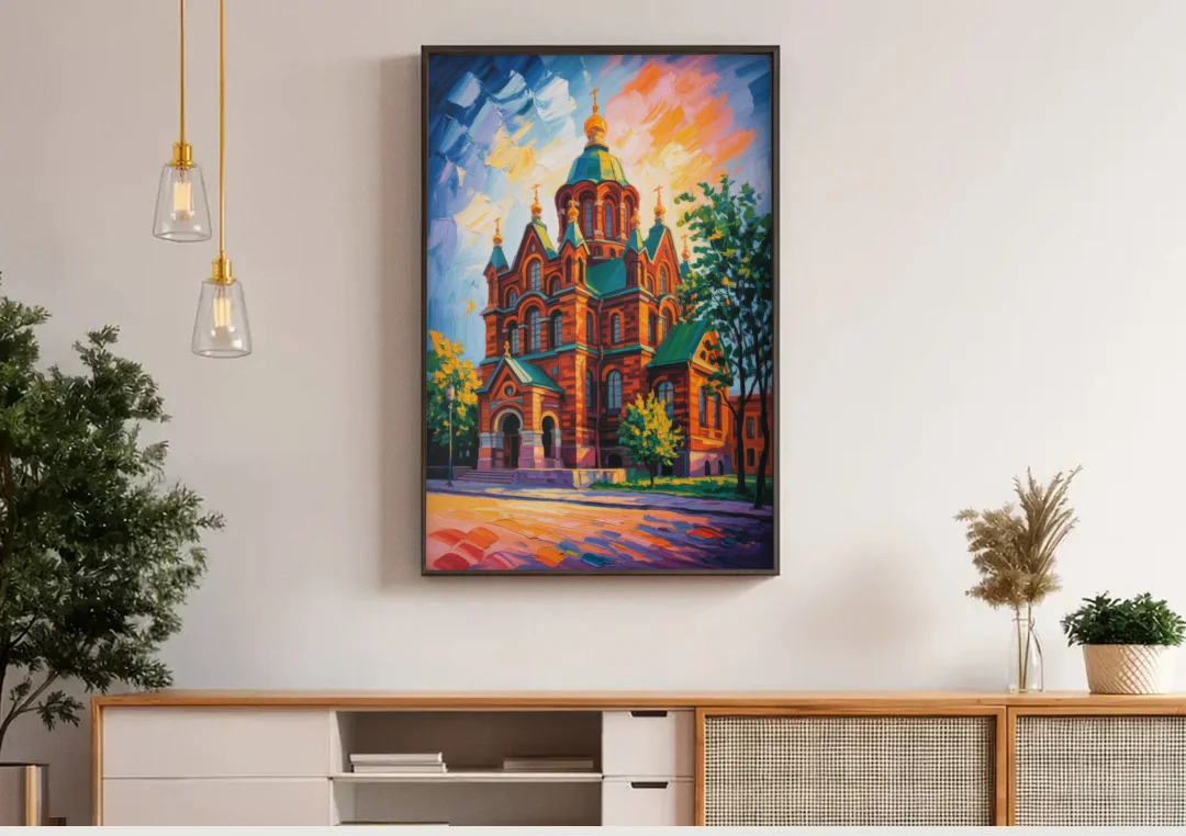 Uspenski Cathedral Charm canvas wall art above a wooden sideboard under pendant lights