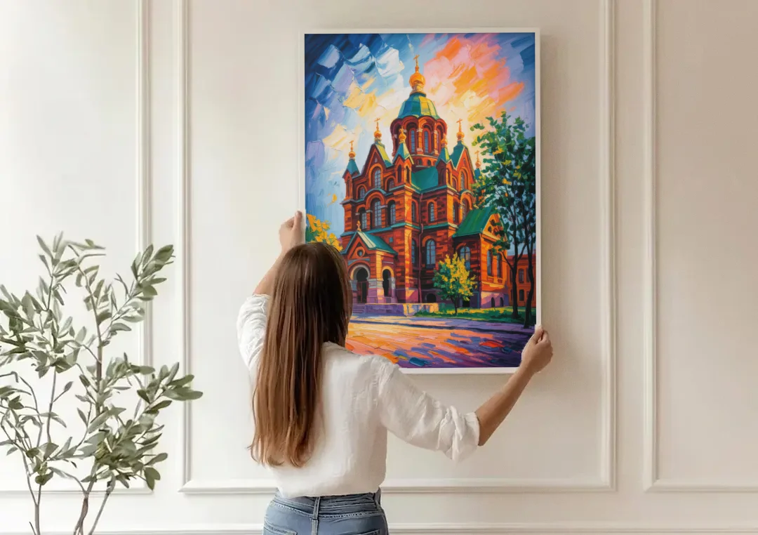 Uspenski Cathedral Charm canvas wall art being hung on a paneled wall