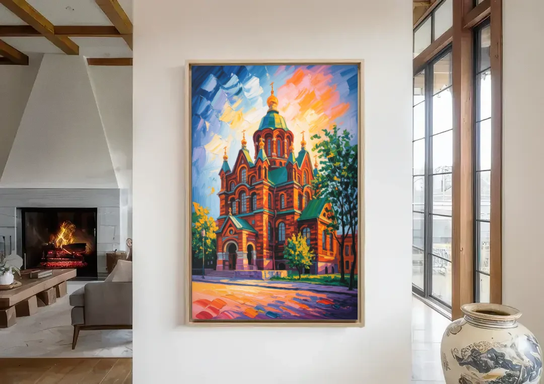 Uspenski Cathedral Charm canvas wall art in a living room with a fireplace