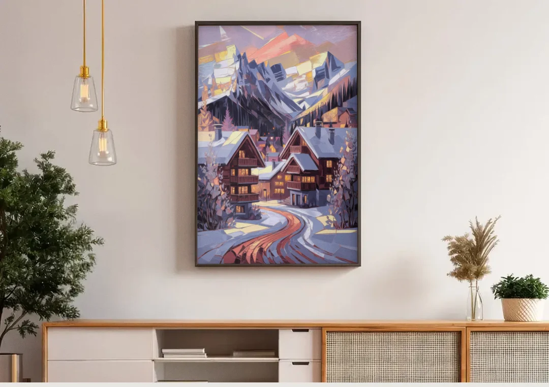 Vail Alpine Village canvas wall art above a wooden sideboard under pendant lights