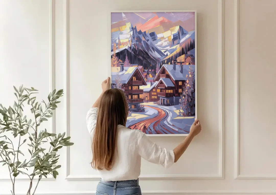 Vail Alpine Village canvas wall art being hung on a paneled wall