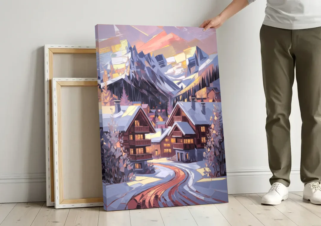 Vail Alpine Village canvas wall art leaning against a wall next to blank canvases