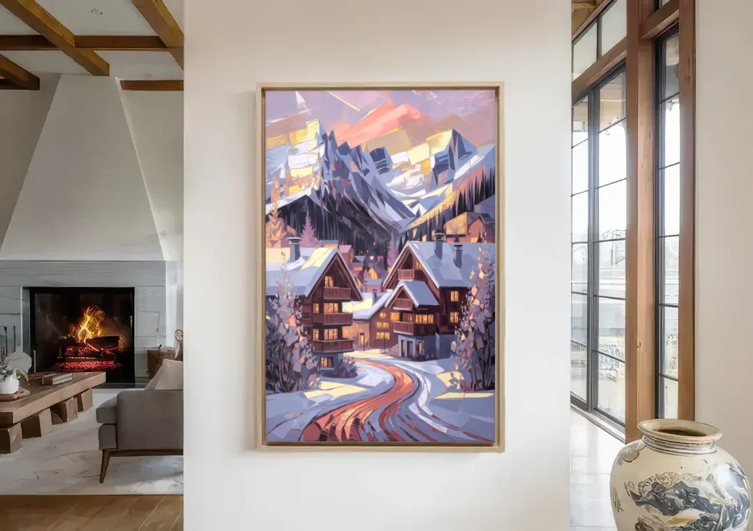 Vail Alpine Village canvas wall art in a living room with a fireplace