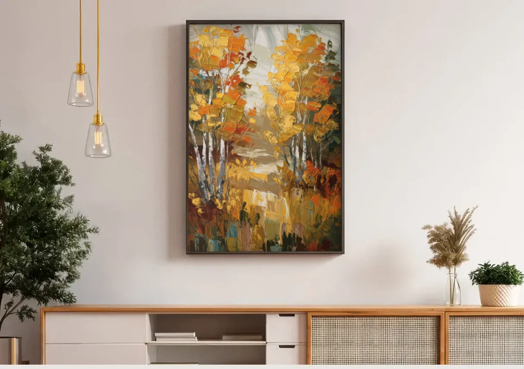 Vail Aspen Forest canvas wall art above a wooden sideboard under pendant lights