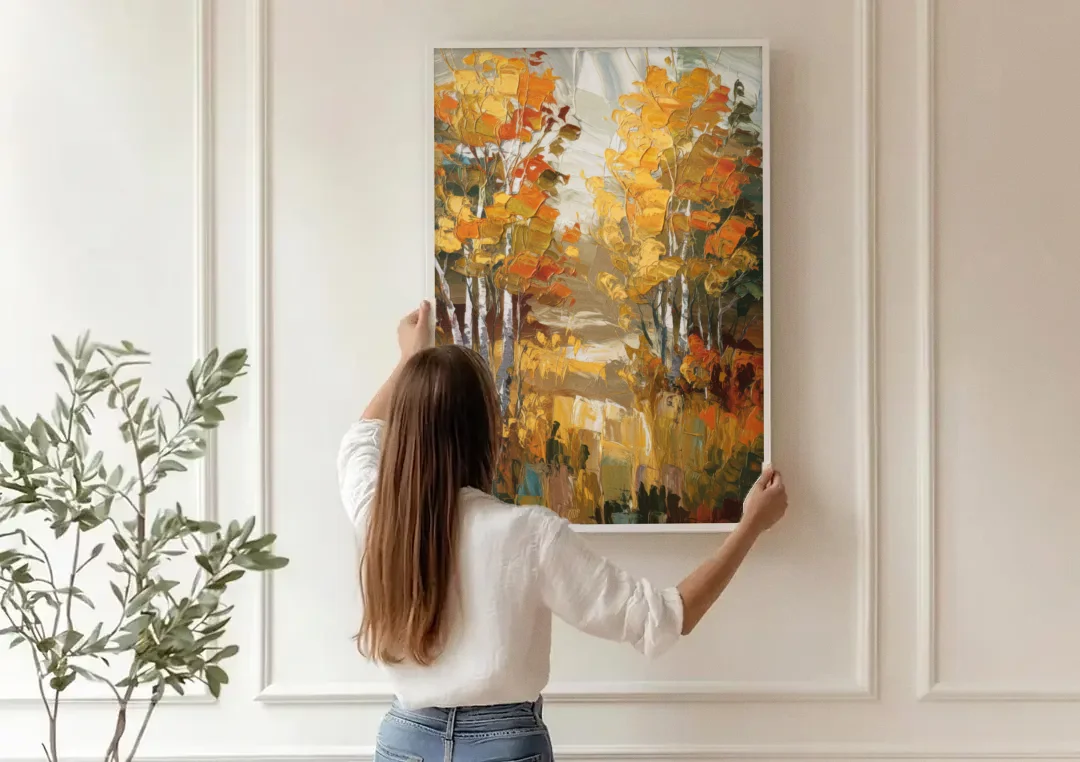 Vail Aspen Forest canvas wall art being hung on a paneled wall