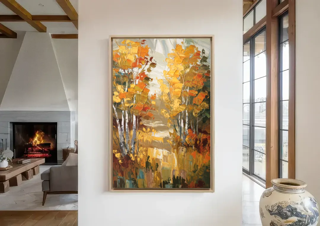 Vail Aspen Forest canvas wall art in a living room with a fireplace