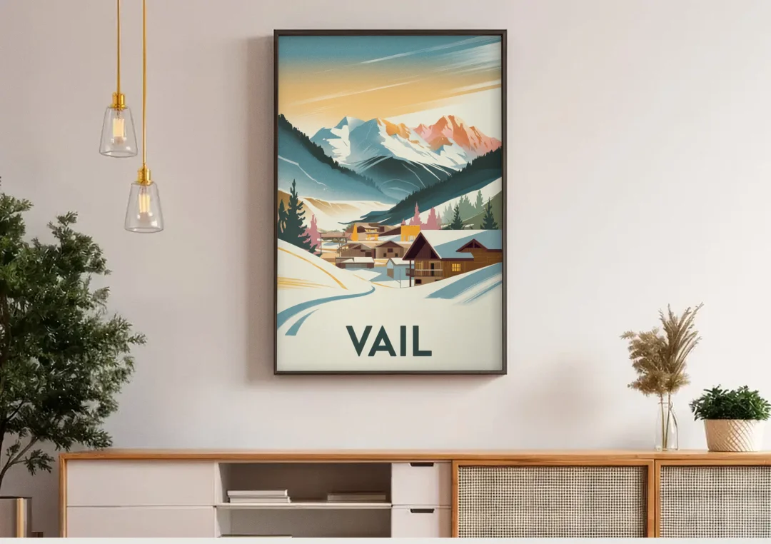 Vail Colorado Charm canvas wall art above a wooden sideboard under pendant lights