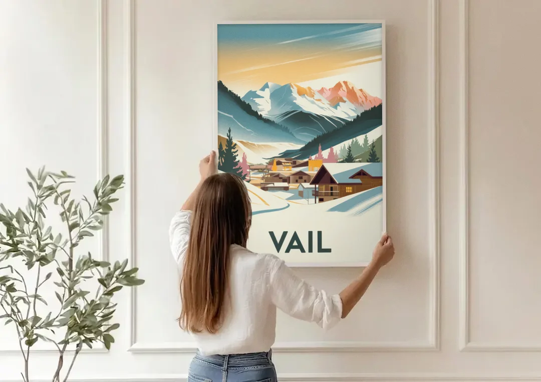 Vail Colorado Charm canvas wall art being hung on a paneled wall