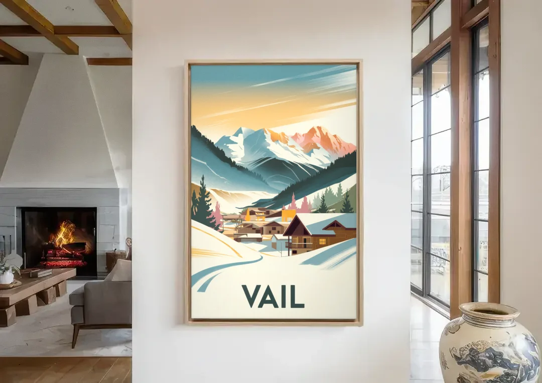 Vail Colorado Charm canvas wall art in a living room with a fireplace