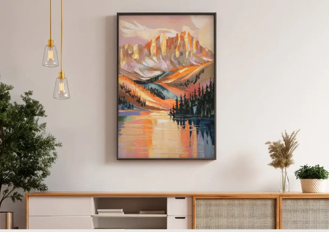 Vail Mountain Sunrise canvas wall art above a wooden sideboard under pendant lights
