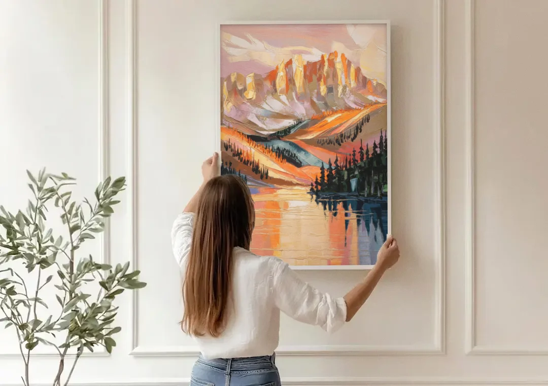 Vail Mountain Sunrise canvas wall art being hung on a paneled wall