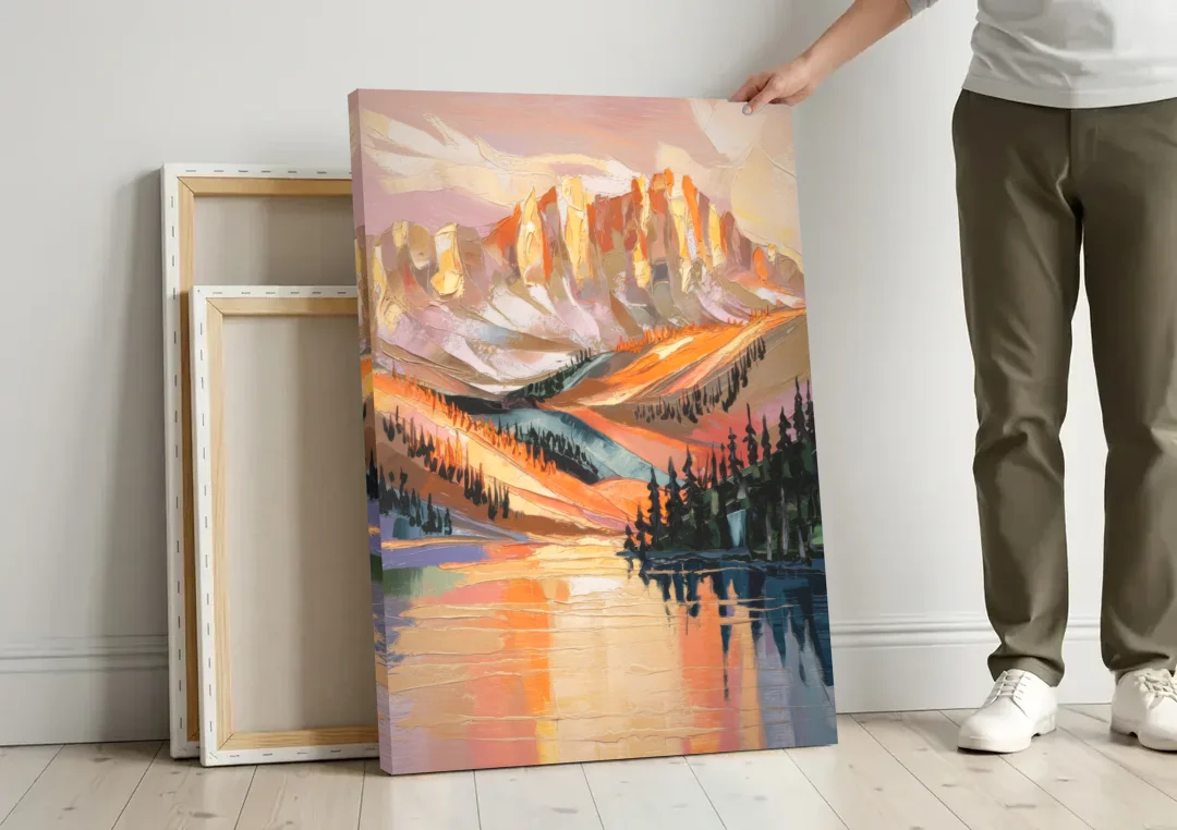 Vail Mountain Sunrise canvas wall art leaning against a wall next to blank canvases