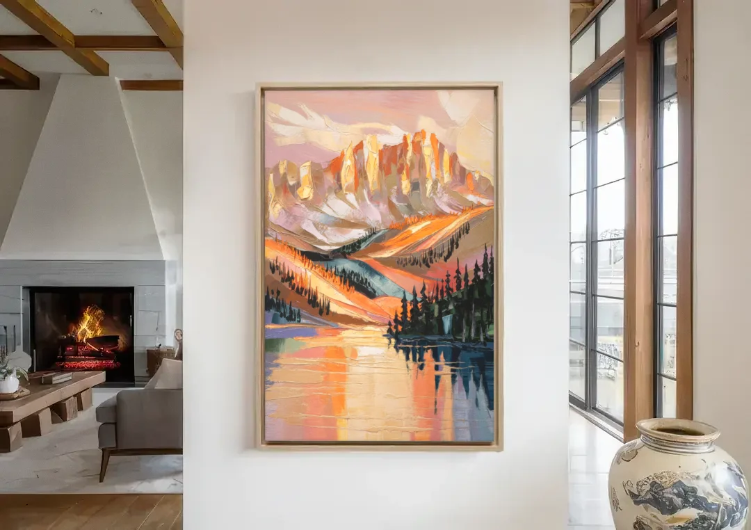 Vail Mountain Sunrise canvas wall art in a living room with a fireplace