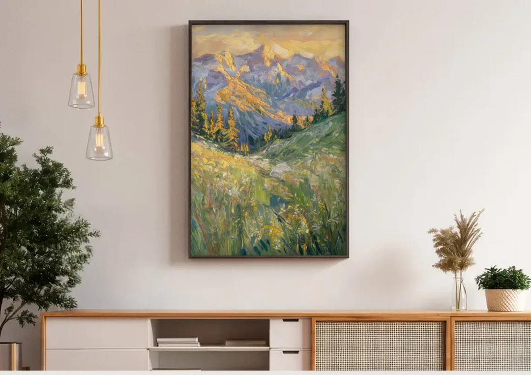 Vail Rocky Mountain View canvas wall art above a wooden sideboard under pendant lights