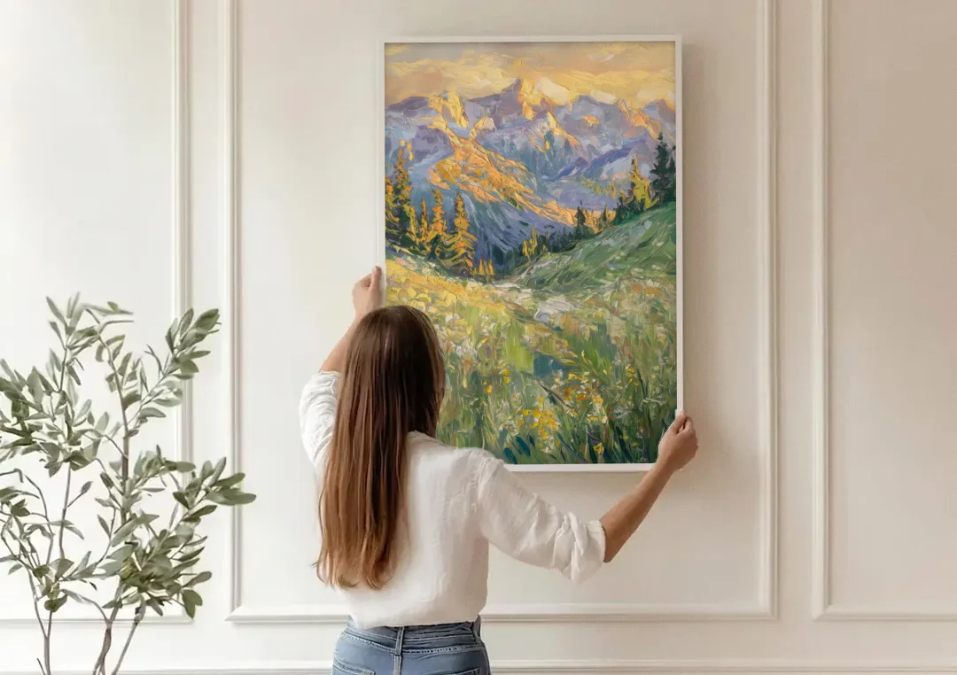 Vail Rocky Mountain View canvas wall art being hung on a paneled wall