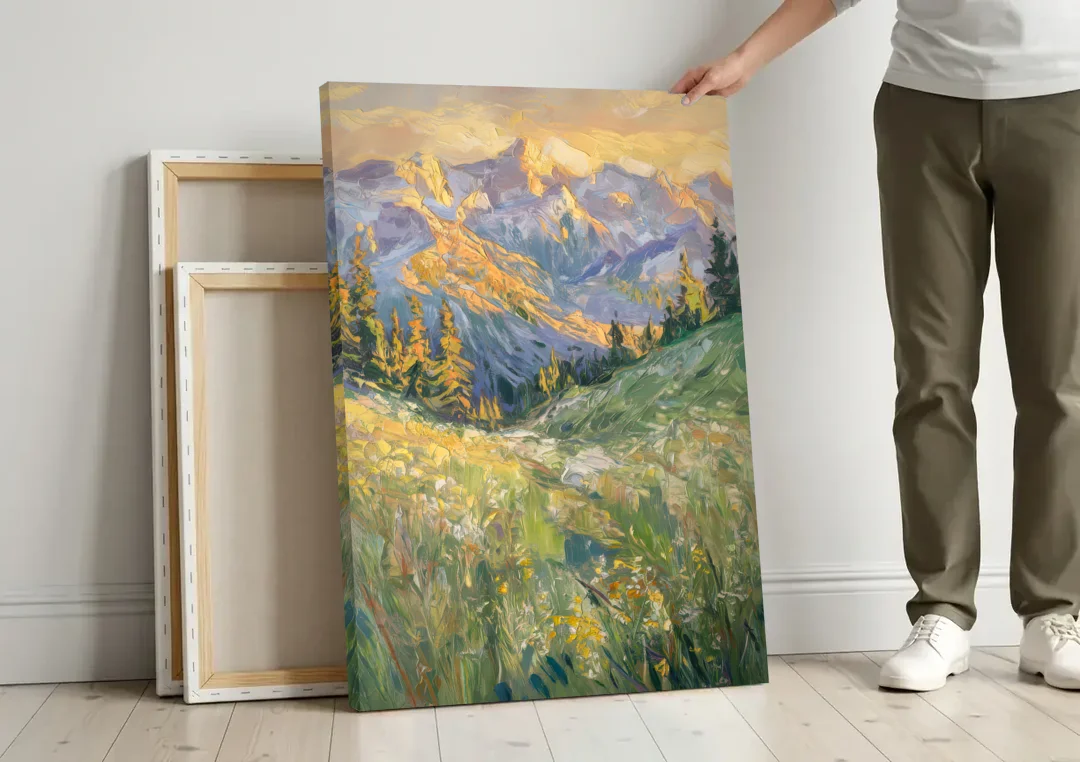 Vail Rocky Mountain View canvas wall art leaning against a wall next to blank canvases
