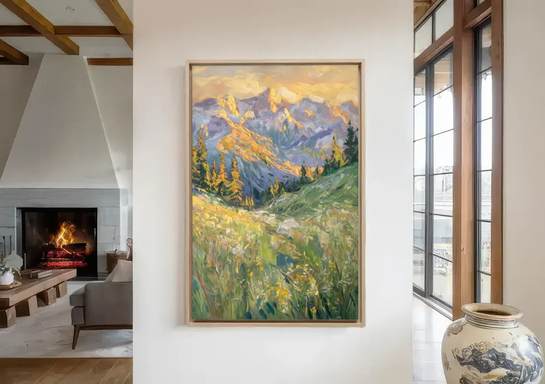 Vail Rocky Mountain View canvas wall art in a living room with a fireplace