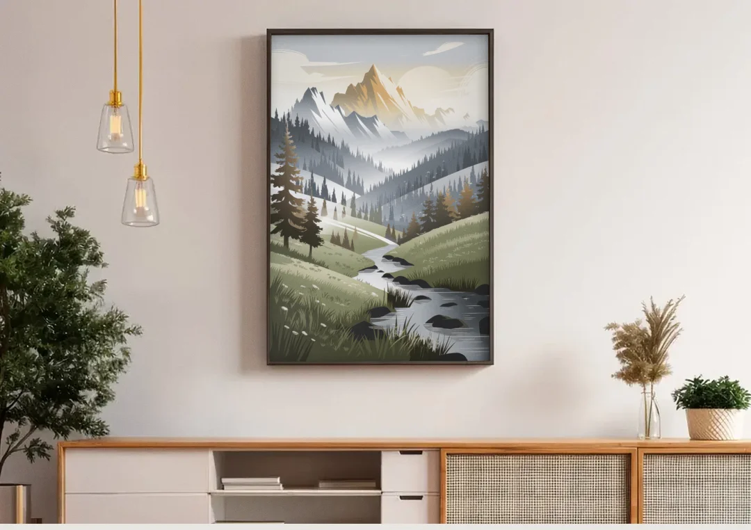 Vail Scenic Landscape canvas wall art above a wooden sideboard under pendant lights