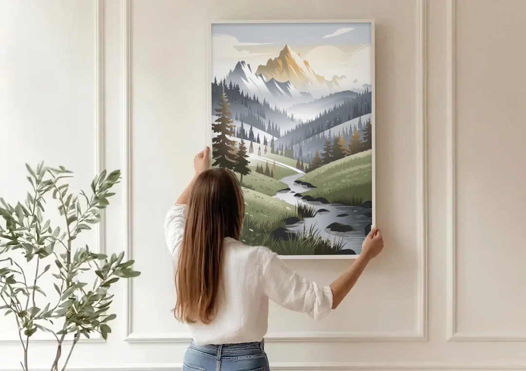 Vail Scenic Landscape canvas wall art being hung on a paneled wall