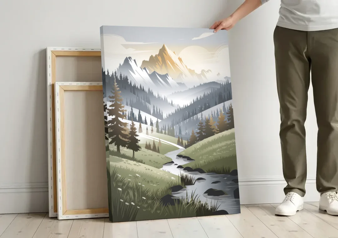 Vail Scenic Landscape canvas wall art leaning against a wall next to blank canvases