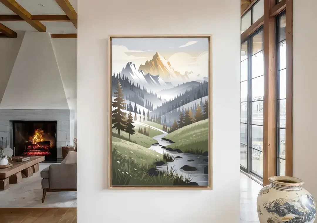 Vail Scenic Landscape canvas wall art in a living room with a fireplace