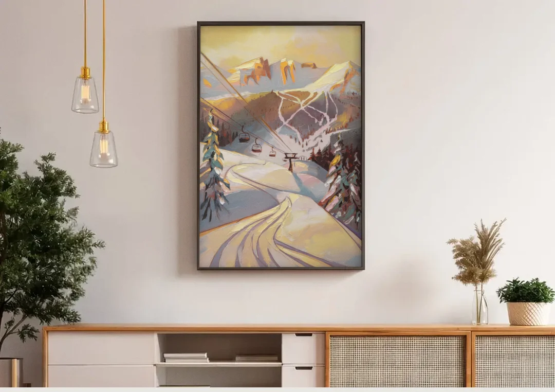 Vail Ski Slopes canvas wall art above a wooden sideboard under pendant lights