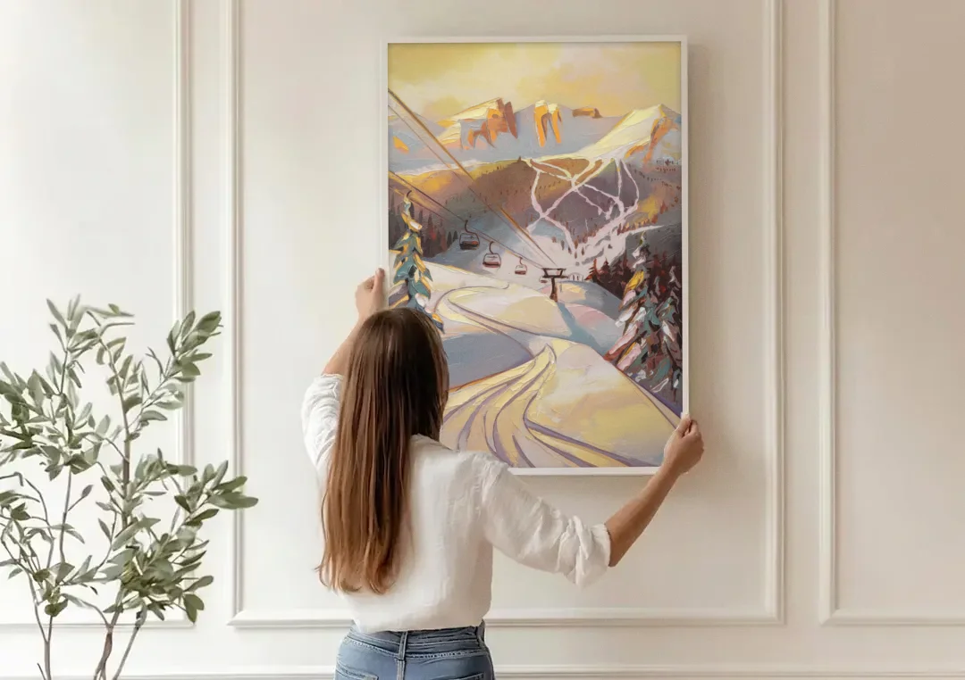 Vail Ski Slopes canvas wall art being hung on a paneled wall