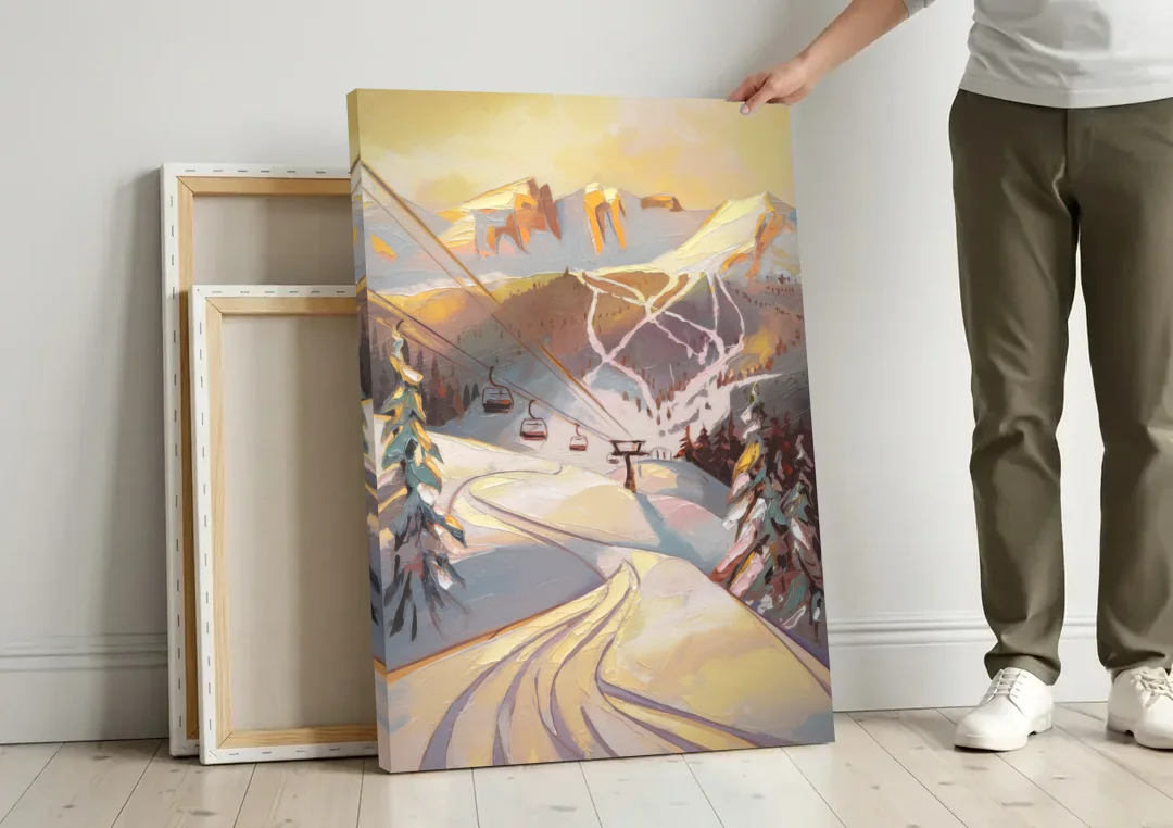 Vail Ski Slopes canvas wall art leaning against a wall next to blank canvases