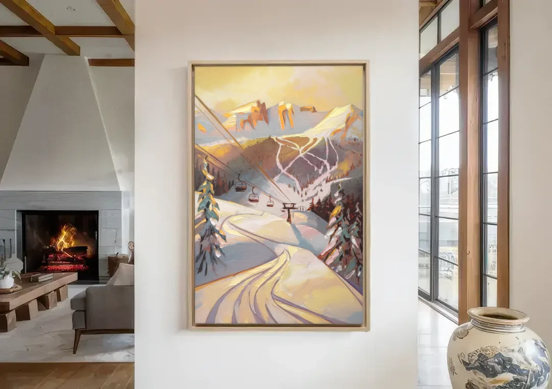 Vail Ski Slopes canvas wall art in a living room with a fireplace