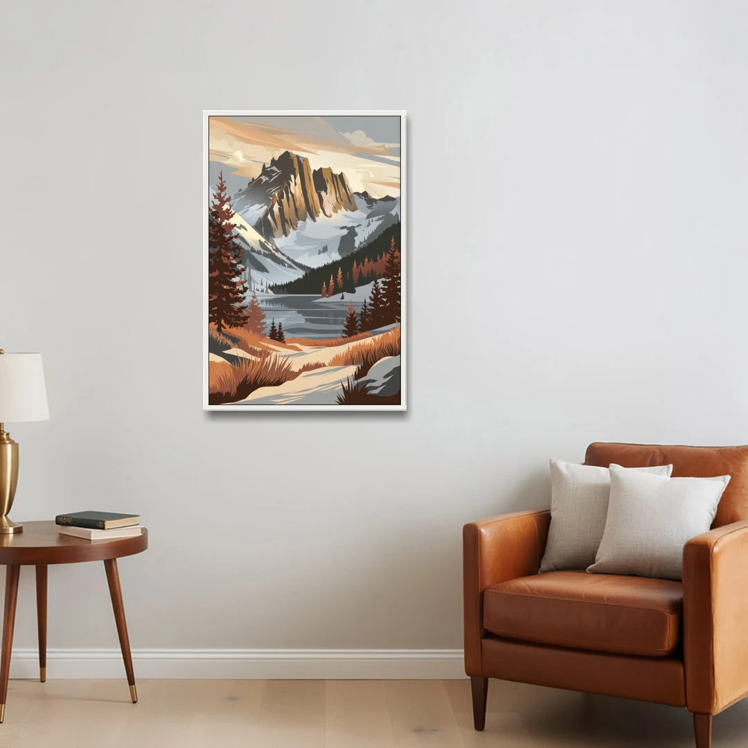 Vail Snowy Peaks - White Framed Canvas Wall Art - Sofa - 24x36