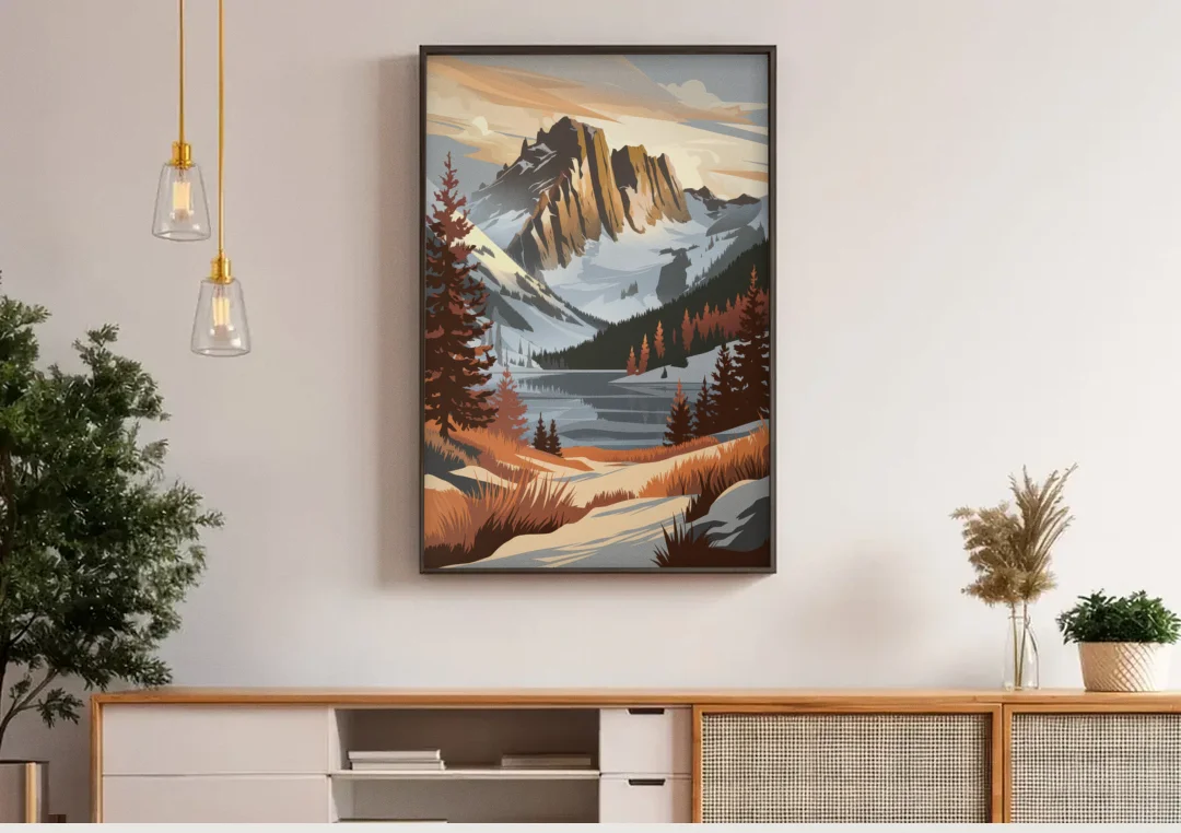 Vail Snowy Peaks canvas wall art above a wooden sideboard under pendant lights