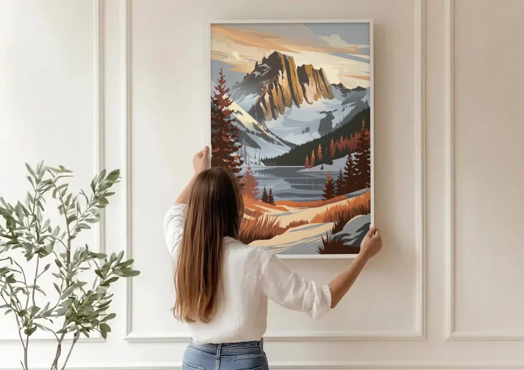 Vail Snowy Peaks canvas wall art being hung on a paneled wall