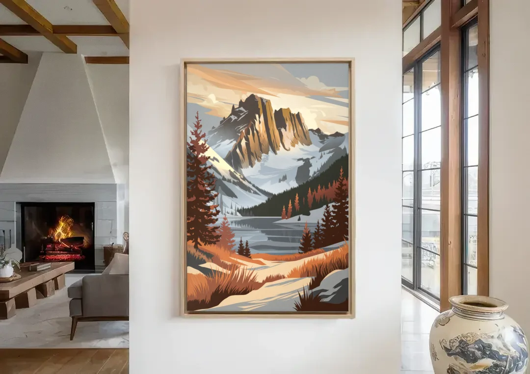 Vail Snowy Peaks canvas wall art in a living room with a fireplace