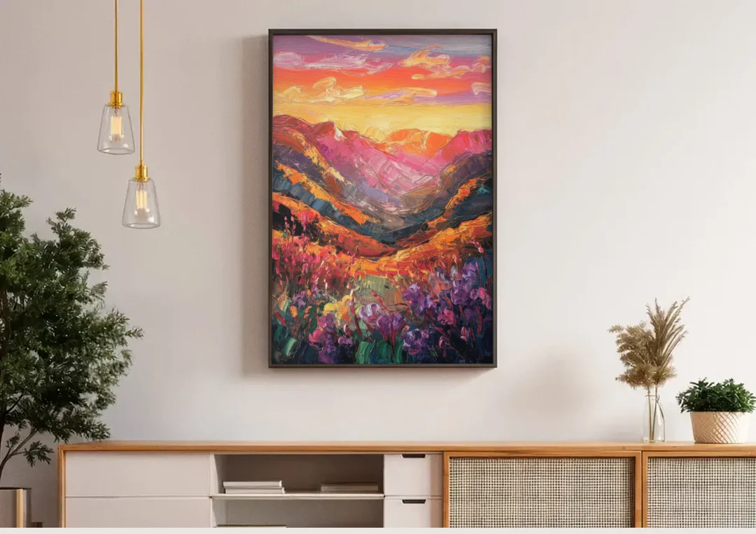 Vail Sunset Glow canvas wall art above a wooden sideboard under pendant lights