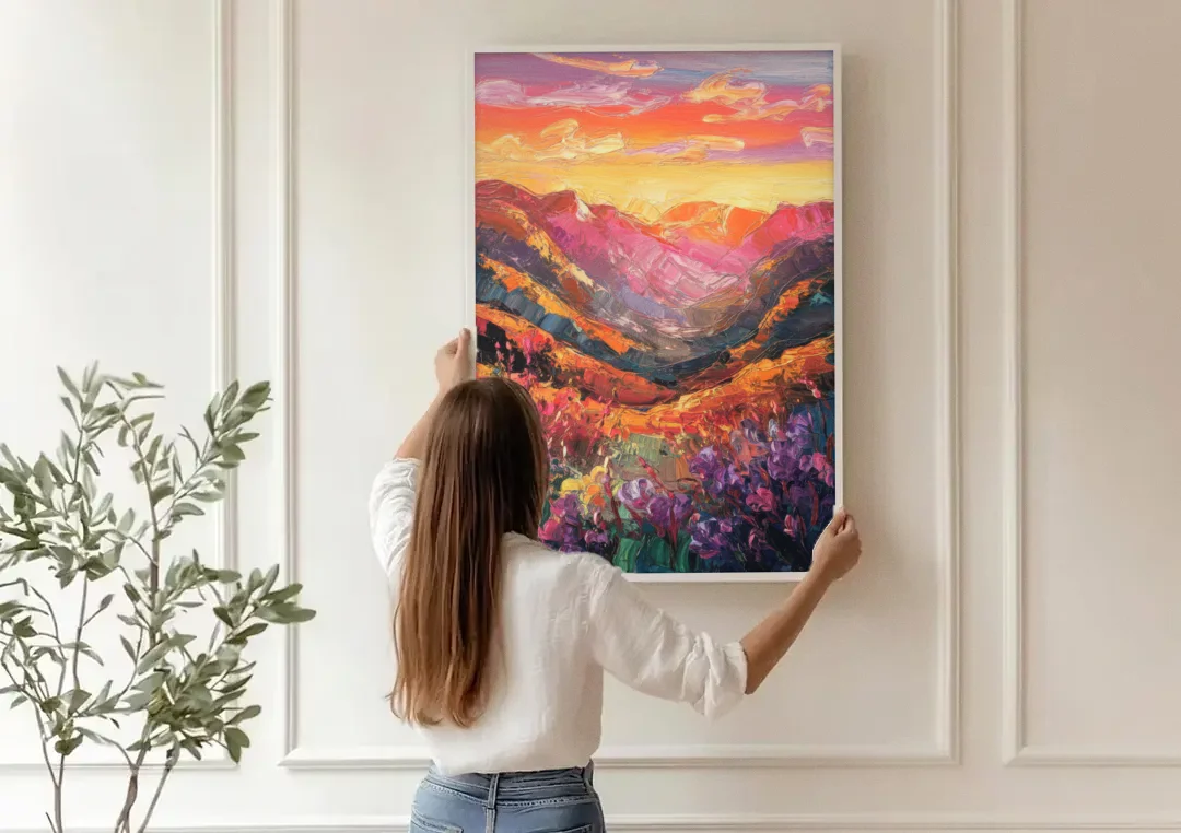 Vail Sunset Glow canvas wall art being hung on a paneled wall