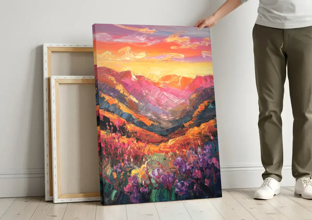 Vail Sunset Glow canvas wall art leaning against a wall next to blank canvases