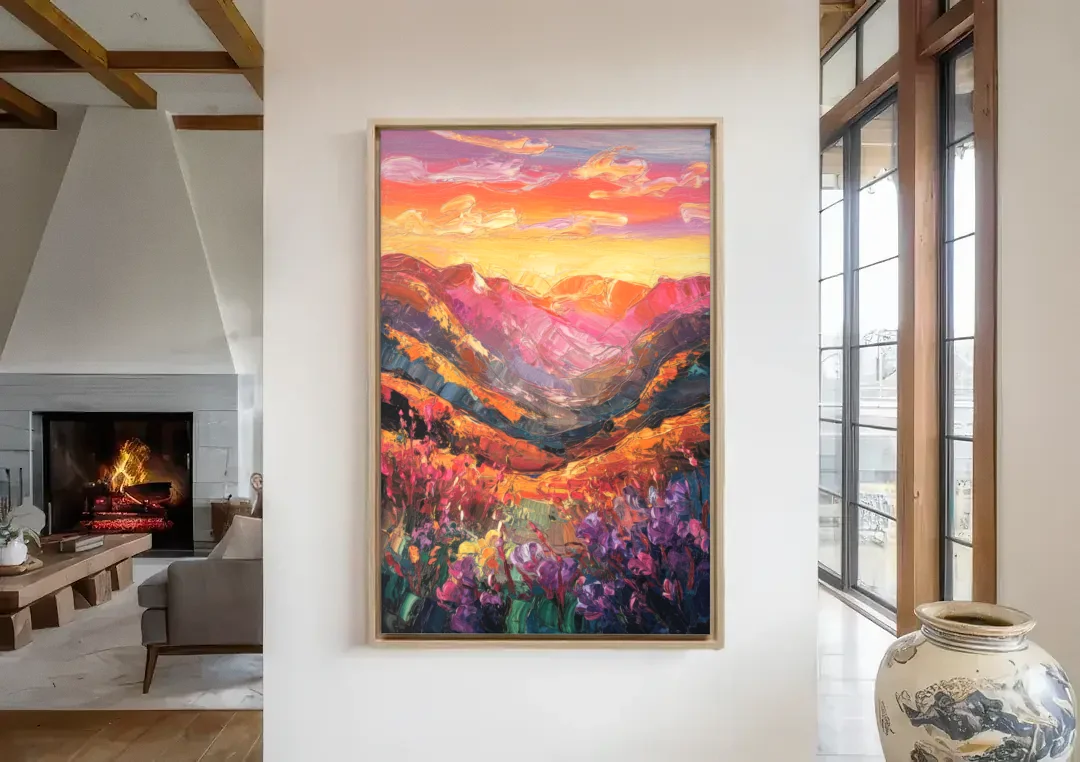 Vail Sunset Glow canvas wall art in a living room with a fireplace