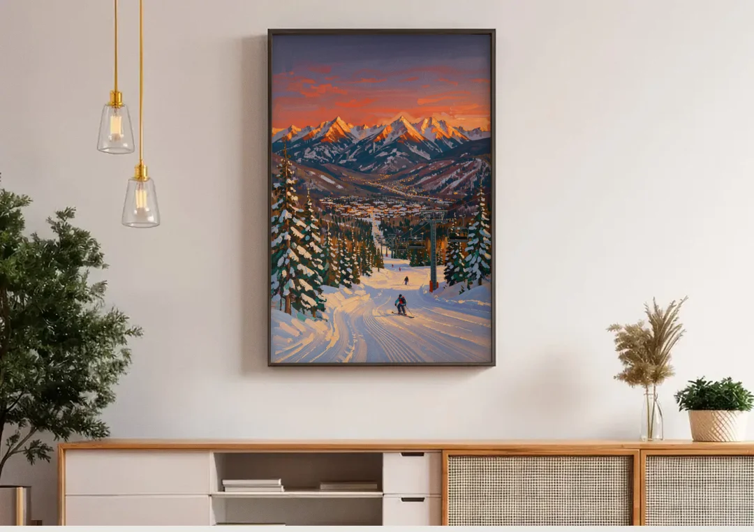 Vail Winter Wonderland canvas wall art above a wooden sideboard under pendant lights