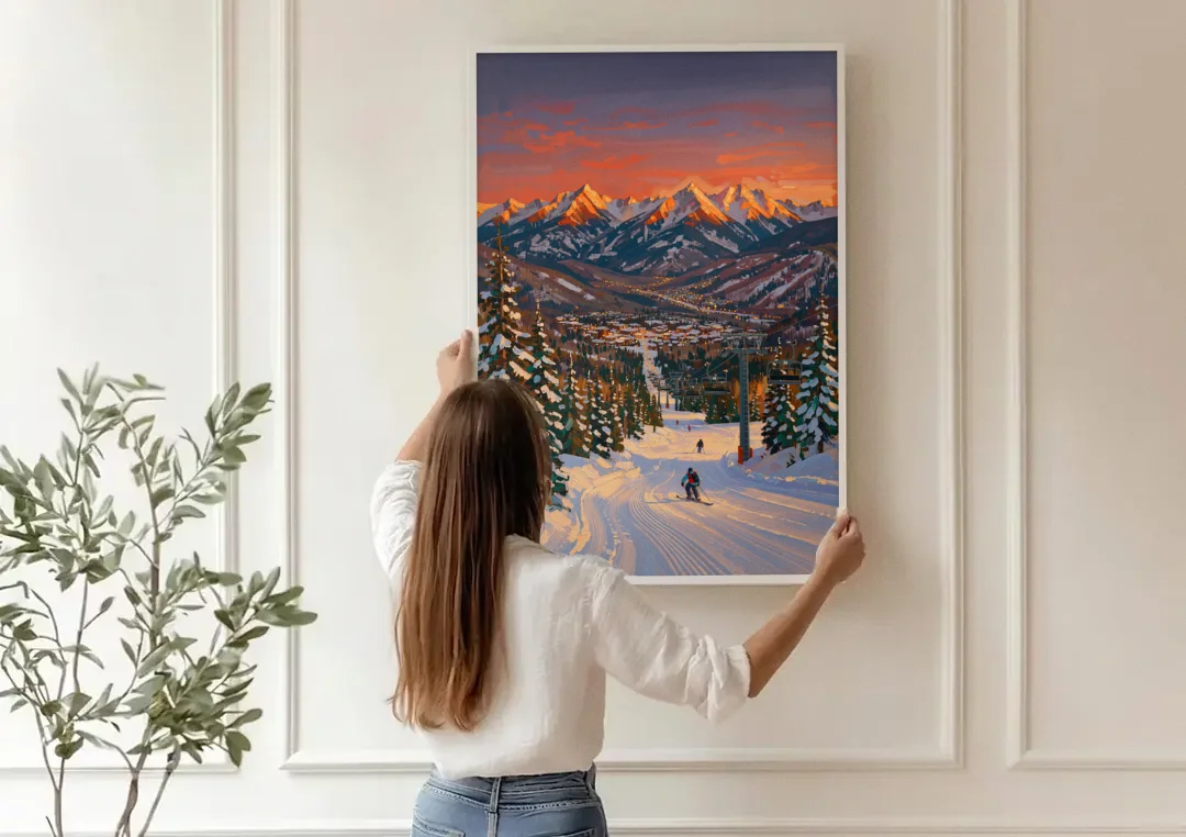 Vail Winter Wonderland canvas wall art being hung on a paneled wall
