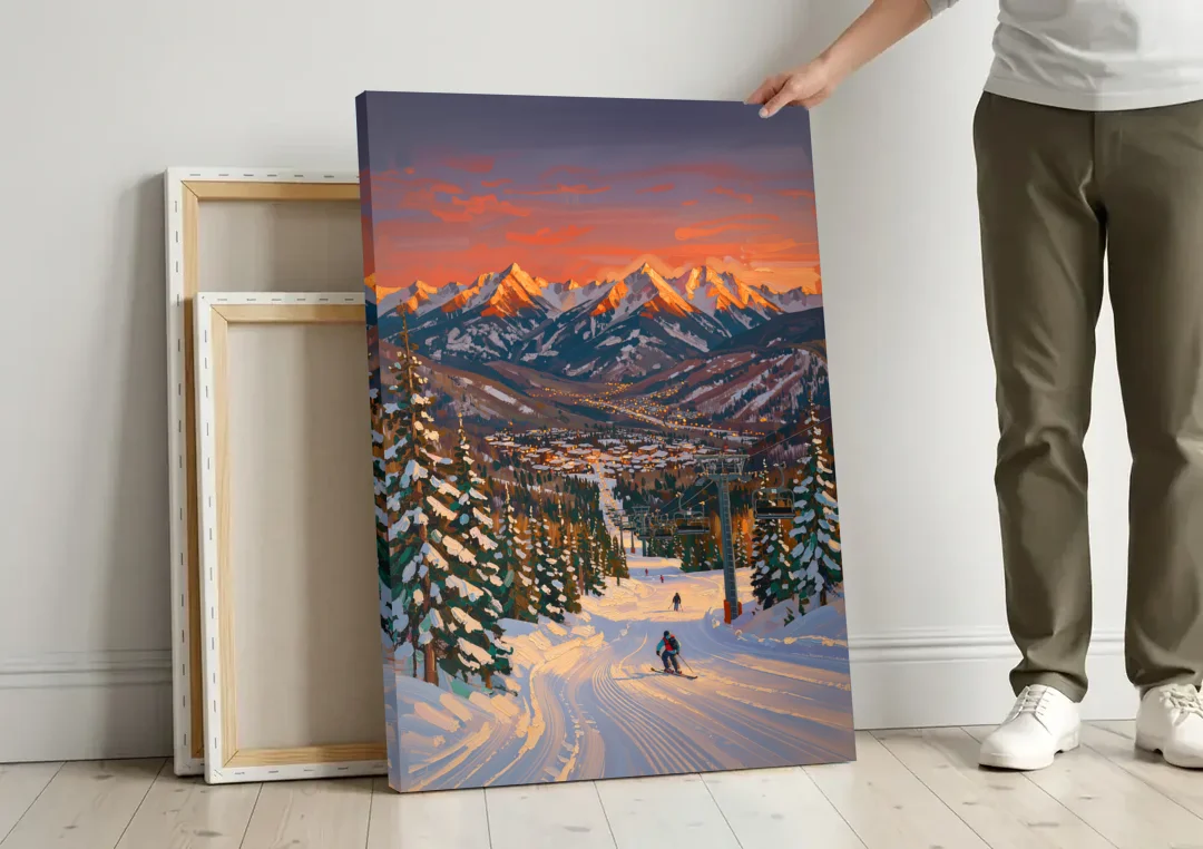Vail Winter Wonderland canvas wall art leaning against a wall next to blank canvases