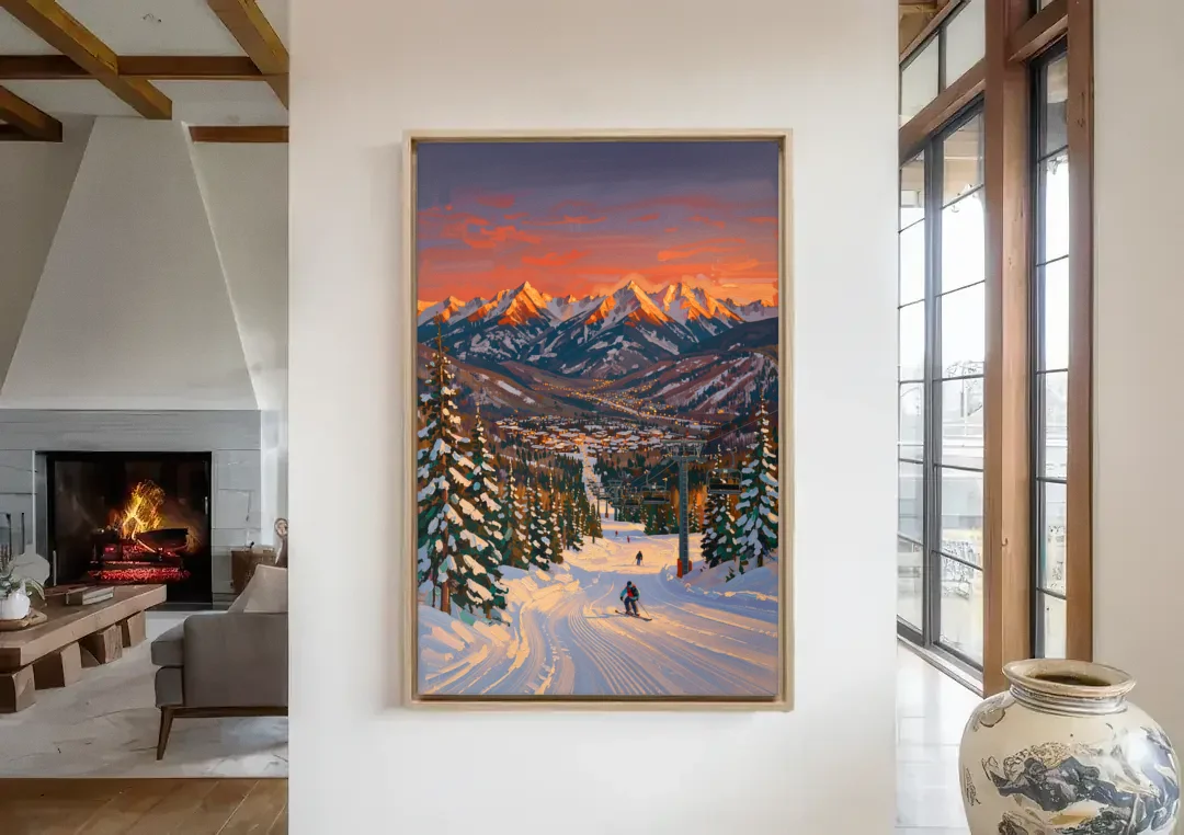 Vail Winter Wonderland canvas wall art in a living room with a fireplace