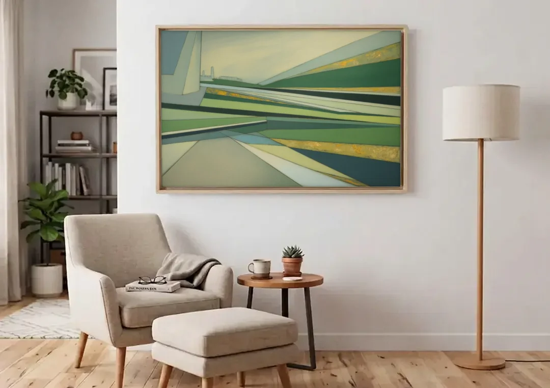 Vake Park Serenity canvas wall art above an armchair in a bright living room
