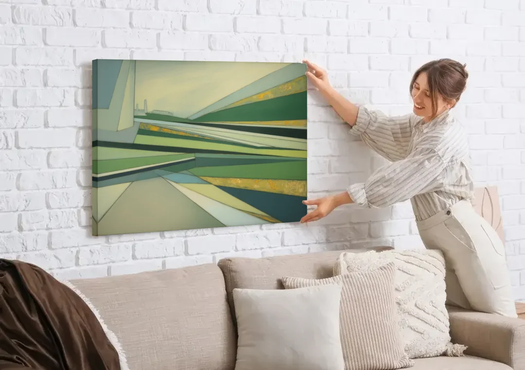 Vake Park Serenity canvas wall art being hung on a white brick wall above a sofa